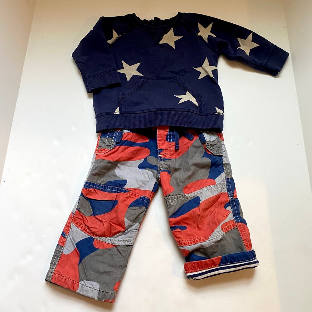 Baby Boden Blue Star Sweatshirt & Camo Jersey Lined Pants Outfit